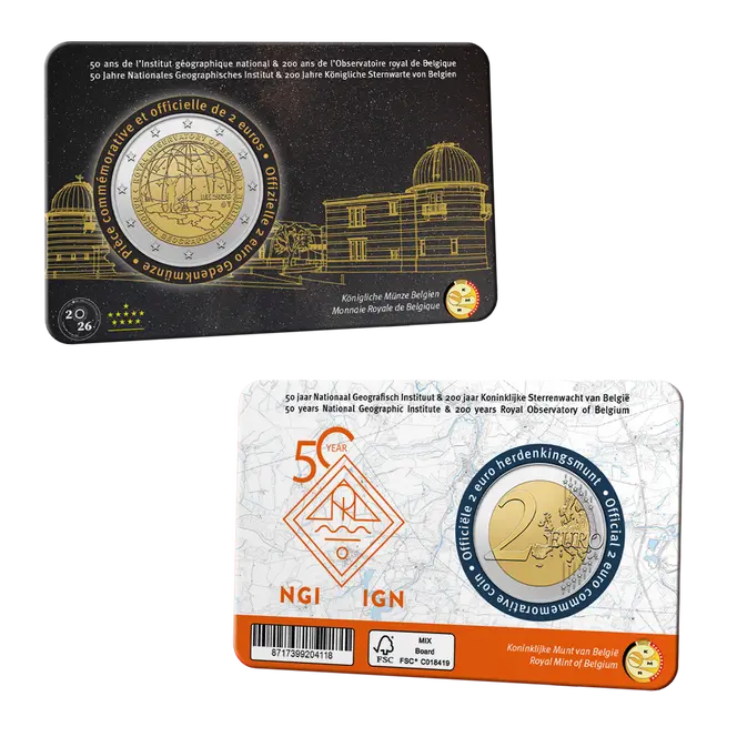 Coincard in Stempelglanz mit französischsprachiger Vorderseite: die Münze vor der Silhouette der Sternwarte, auf der Rückseite das Logo „50 Jahre NGI/IGN“. Auflage beider Coincard-Versionen zusammen: 125.000 Exemplare.