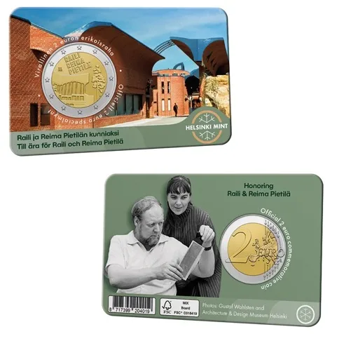 Die erste der beiden Coincard-Versionen in Stempelglanz. Vorne ist das Dipoli-Gebäude von der Eingangsseite zu sehen, hinten Raili und Reima Pietilä bei der Arbeit. Auflage: 50.000 Exemplare.