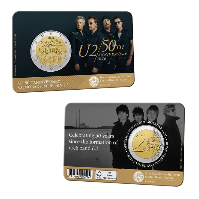 Die Coincard in Stempelglanz, oben die Vorderseite mit aktuellem Bandfoto, unten die Rückseite mit einem frühen Bandfoto. Auflage: 150.000 Exemplare.