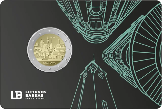 Die Coincard in Stempelglanz mit Linienzeichnungen der Architektur von Kaunas. Auflage: 5.000 Exemplare.