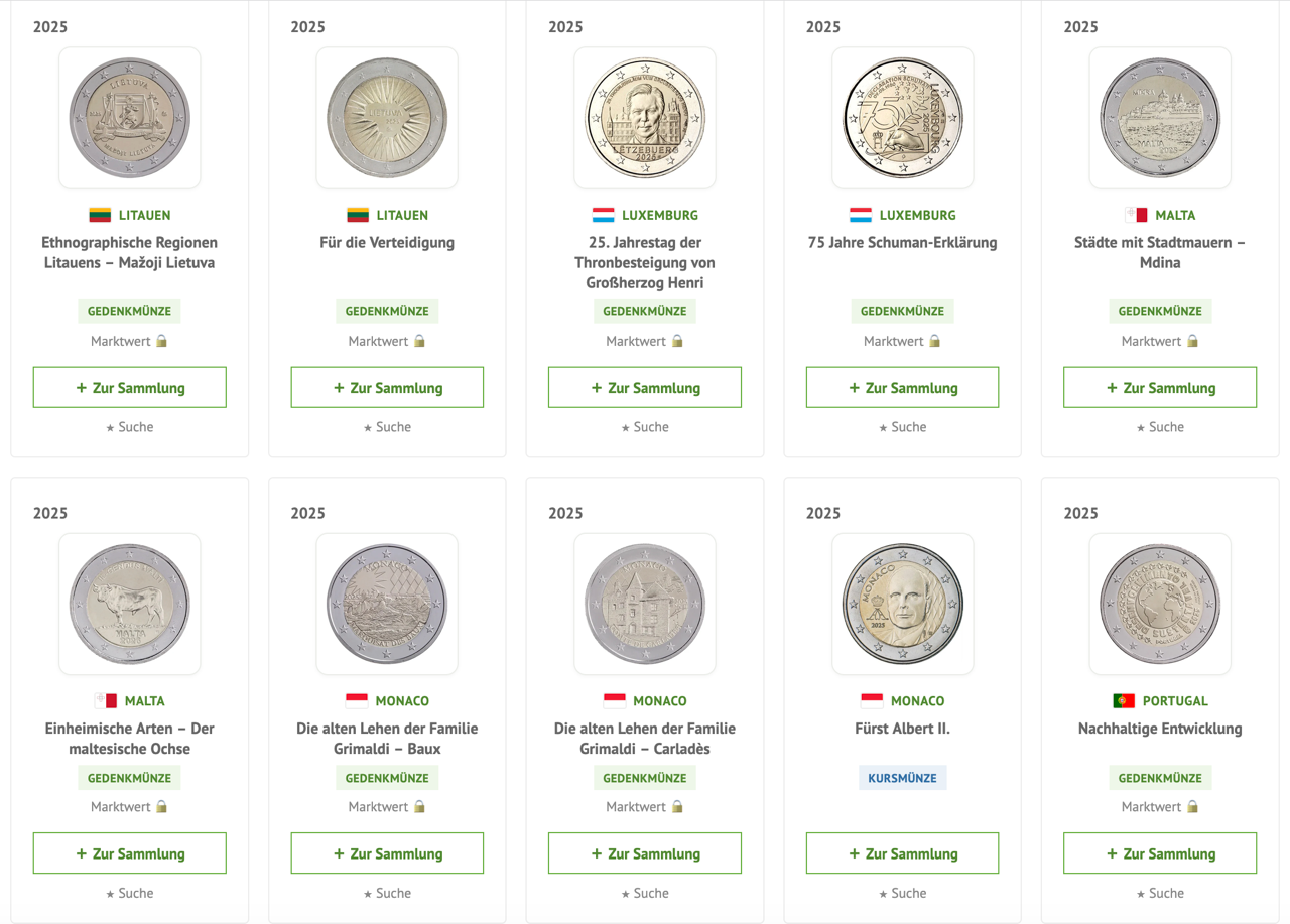 Übersicht aller 2-Euro-Ausgaben zum Hinzufügen zur Sammlung oder Suchliste