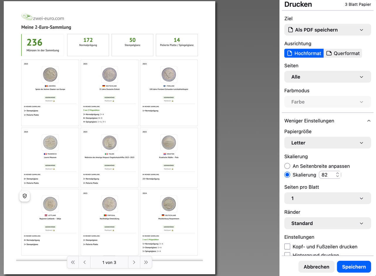 PDF-Export der Sammlung als übersichtliches Dokument zum Ausdrucken