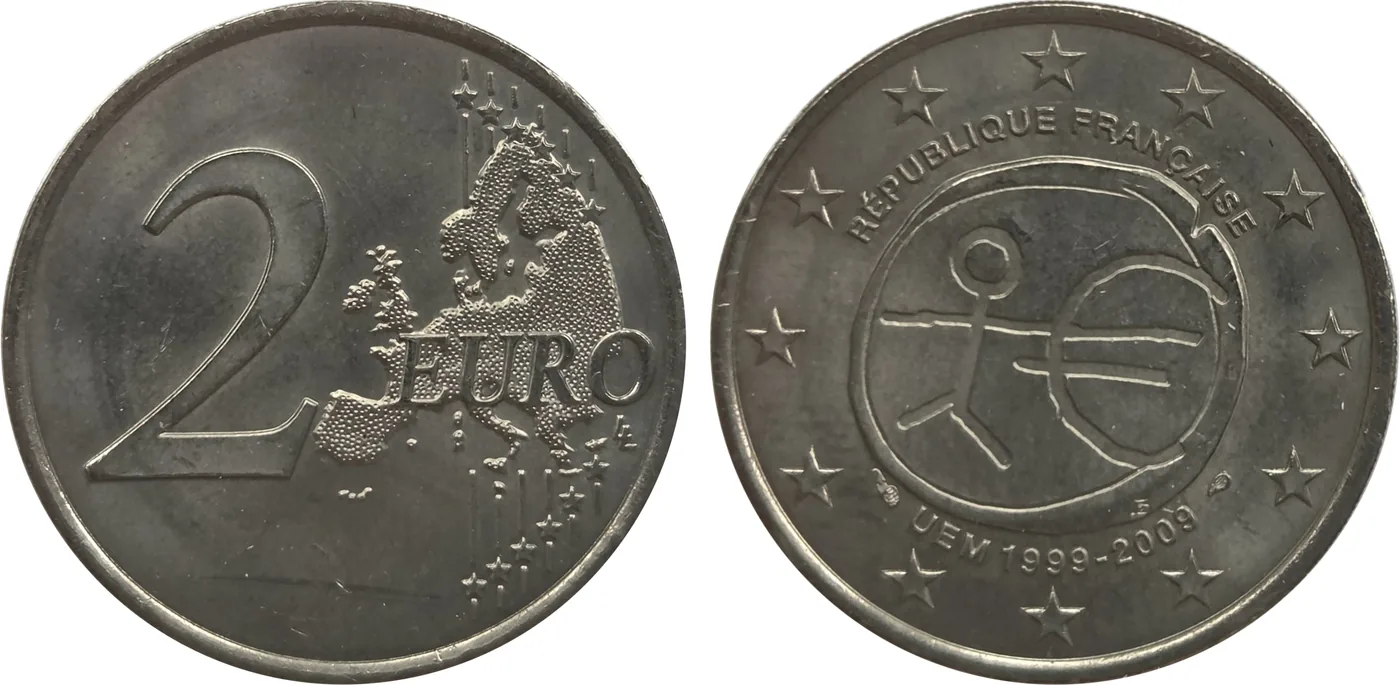 Zum Vergrößern klicken Frankreich 2 Euro 2009 „10 Jahre Wirtschafts- und Währungsunion“, geprägt auf einer 2-Euro-Monometall-Ronde. Die „Phantomfuge“ zeichnet sich auf der Wertseite deutlich ab.