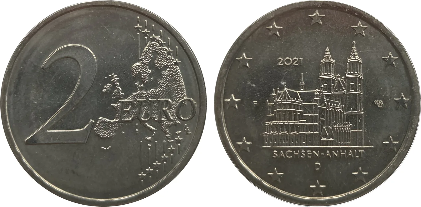 Zum Vergrößern klicken Deutschland 2 Euro 2021 „Sachsen-Anhalt“ F, geprägt auf einer 2-Euro-Monometall-Ronde. Das Stück wiegt mit 8,66 g etwas mehr als eine reguläre 2-Euro-Münze.