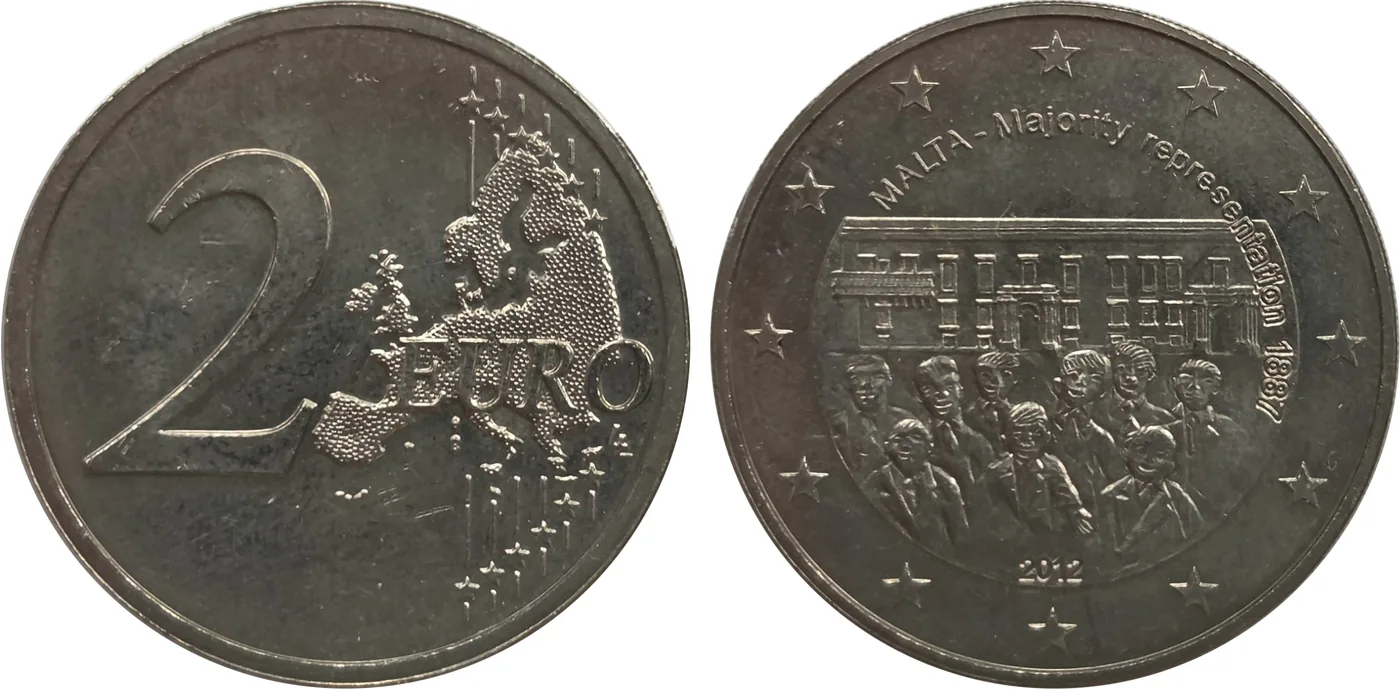 Zum Vergrößern klicken Malta 2 Euro 2012 „Mehrheitswahlrecht 1887“, geprägt auf einer 2-Euro-Monometall-Ronde. Durch den fehlenden Kern ist die Münze nicht magnetisch.