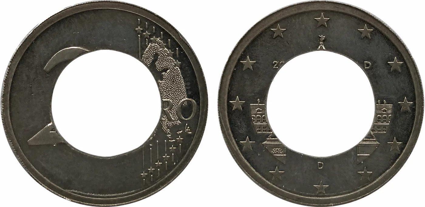 Zum Vergrößern klicken Deutschland 2 Euro 2018 „Berlin“ D, geprägt auf einem einzelnen Außenring (ohne Pille). Durch das Fehlen des Kerns wiegt das Stück nur 5,3 g statt der regulären 8,50 g.