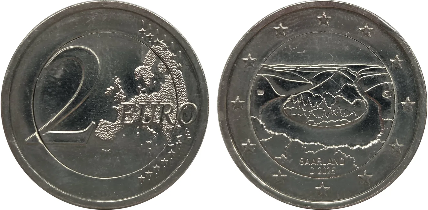 Zum Vergrößern klicken Deutschland 2 Euro 2025 „Saarland“ G, geprägt mit einer 1-Euro-Pille. Das Stück fällt sofort durch seine komplett silberfarbene Optik auf und ist mit rund 8,1 g spürbar untergewichtig.