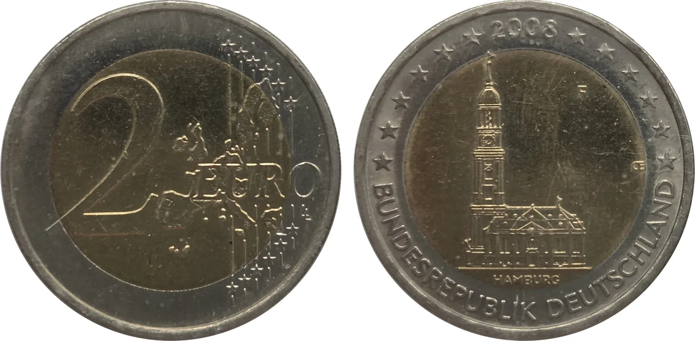 Zum Vergrößern klicken Deutschland 2 Euro 2008 „Hamburg“ F, Stempelkopplung mit alter Wertseite. Diese Fehlprägung lässt sich sofort an der Europakarte auf der Wertseite erkennen. Der Fehler wurde ausschließlich in der Prägestätte in Stuttgart (F) gemacht.