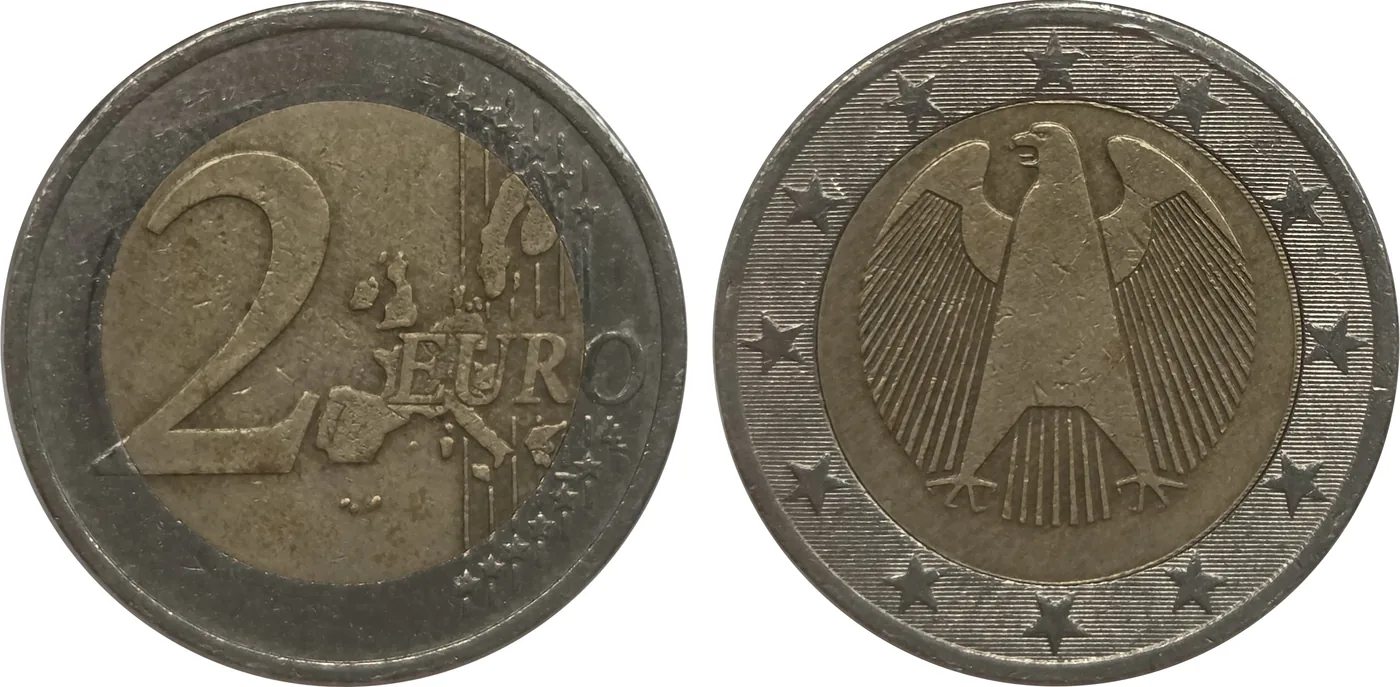 Zum Vergrößern klicken Deutschland 2 Euro „drehende Sterne“ ohne Münzzeichen und Jahreszahl. Frühe Probe mit radial ausgerichteten Sternen auf dem Avers und 5-DM-Randschrift.