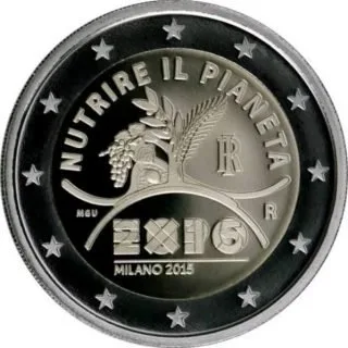 Ausgabe und Veröffentlichung des Bildes der geprägten 2-Euro-Gedenkmünze Mailand Expo 2015
