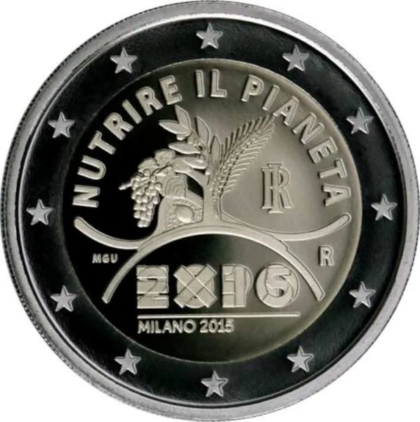 Ausgabe und Veröffentlichung des Bildes der geprägten 2-Euro-Gedenkmünze Mailand Expo 2015