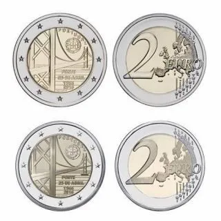 Zweite portugiesische 2-Euro-Gedenkmünze „50. Jahrestag der Eröffnung der ersten Brücke zwischen den beiden Ufern des Flusses Tejo“ veröffentlicht
