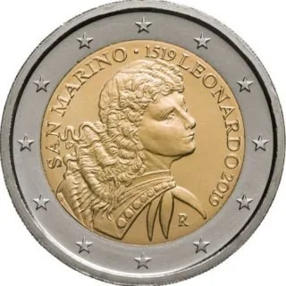 Geprägtes Exemplar der ersten san-marinesischen 2-Euro-Gedenkmünze präsentiert