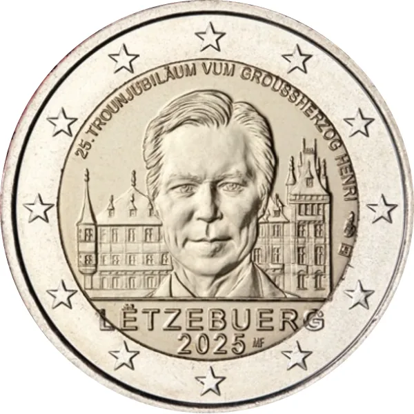 Les deux pièces commémoratives luxembourgeoises de 2 euros 2025 « 25e anniversaire de l'accession au trône du Grand-Duc Henri » & « 75e anniversaire de la Déclaration Schuman » émises