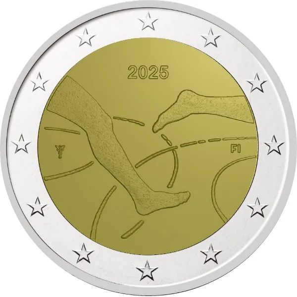 Motif de la deuxième pièce commémorative finlandaise de 2 euros 2025 « 100 ans du match d'athlétisme Finlande-Suède » dévoilé