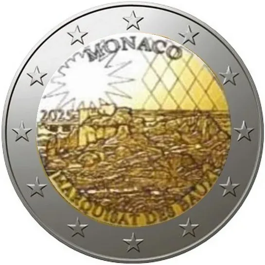 Motif de la deuxième pièce commémorative monégasque de 2 euros 2025 « L'ancien fief des Grimaldi : Baux » publié