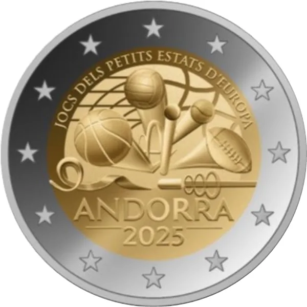 Beide andorranischen 2-Euro-Gedenkmünzen 2025 „Spiele der Kleinen Staaten von Europa“ & „Der Bartgeier“ ausgegeben
