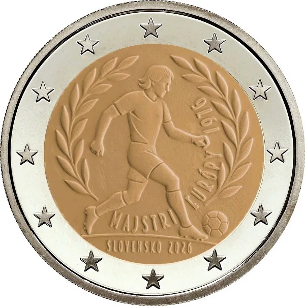 Motif de la deuxième pièce commémorative slovaque de 2 euros 2026 « 50e anniversaire de la victoire de la Tchécoslovaquie à l'Euro 1976 » dévoilé