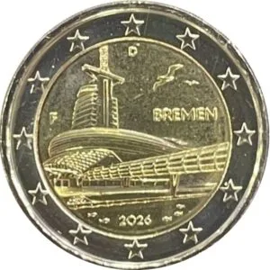 The struck 2-euro commemorative coin “Klimahaus Bremerhaven 8° Ost” (design side)