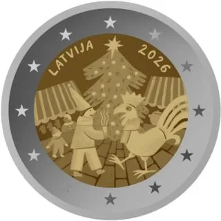 Motif de la pièce commémorative lettone de 2 euros 2026 « Tradition des marchés de Noël » annoncé