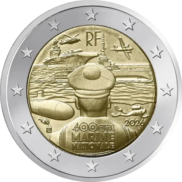 Motiv der zweiten französischen 2-Euro-Gedenkmünze 2026 „Die französische Marine – 400 Jahre Erfahrung“ veröffentlicht