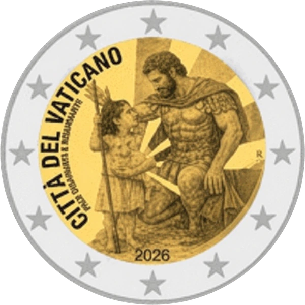 Die zweite 2-Euro-Gedenkmünze 2026 zum Magisterium von Papst Leo XIV. – ein kniender Soldat vor einem Hirtenmädchen mit Lamm, links die Umschrift „PACE DISARMANTE & RICHIAMANTE“.