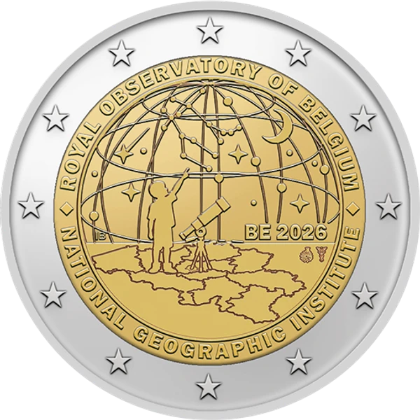 2-Euro-Gedenkmünze „200 Jahre Königliche Belgische Sternwarte und 50 Jahre Nationales Geographisches Institut“ 2026: Belgien veröffentlicht Motiv und gibt Münze offiziell aus