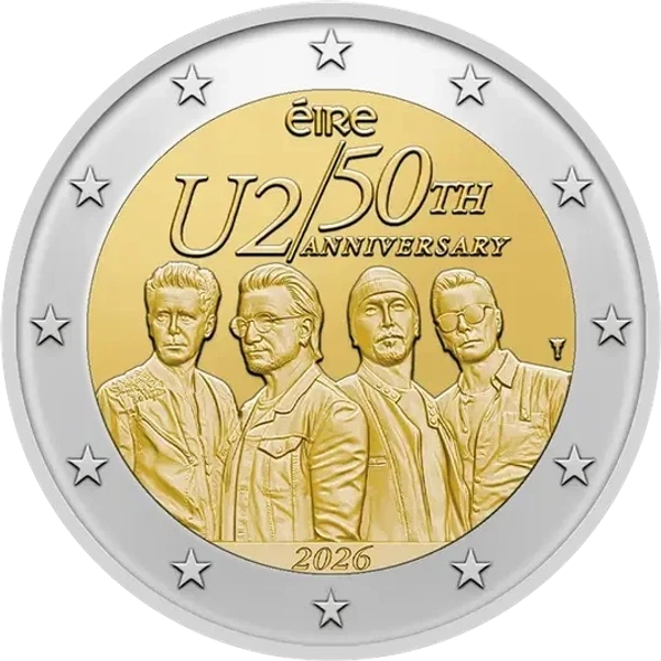 2-Euro-Gedenkmünze Irland 2026: Offizielles Motiv zum 50-jährigen Jubiläum der irischen Rockband U2 enthüllt und Münze offiziell ausgegeben